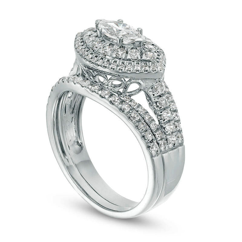 1.25 CT. T.W. Marquise Natural Diamond Sideways Double Frame Multi-Row Bridal Engagement Ring Set in Solid 14K White Gold