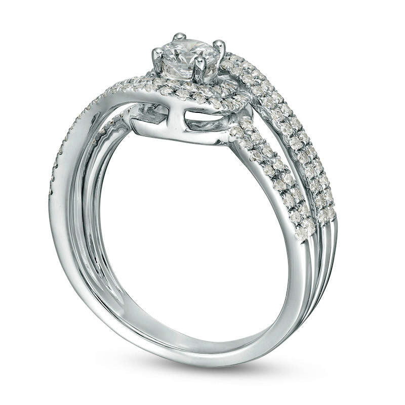 1.0 CT. T.W. Natural Diamond Swirl Bypass Frame Multi-Row Engagement Ring in Solid 14K White Gold