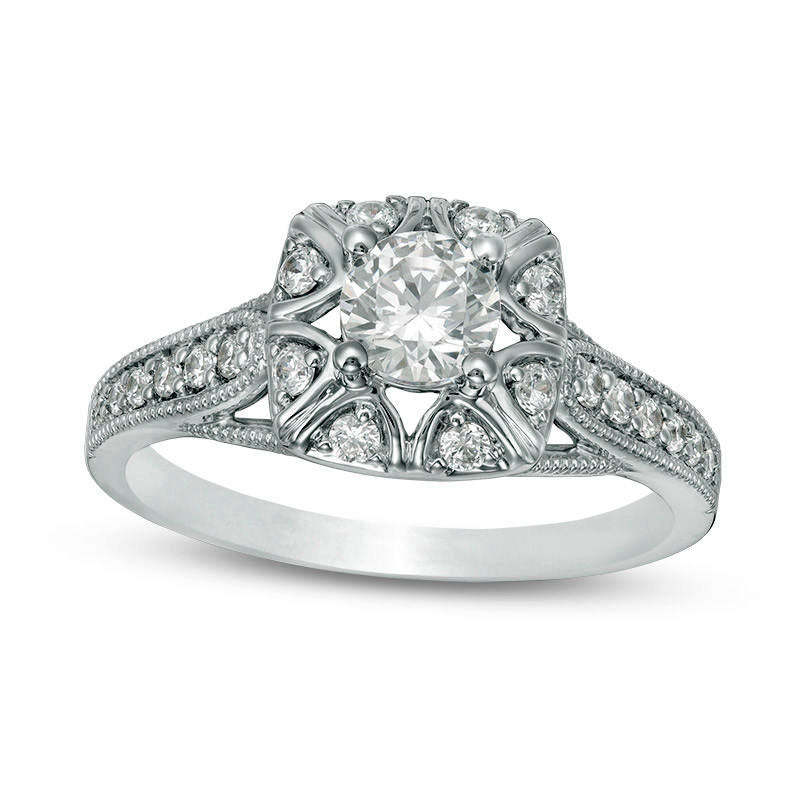 0.75 CT. T.W. Natural Diamond Cushion Frame Antique Vintage-Style Engagement Ring in Solid 10K White Gold