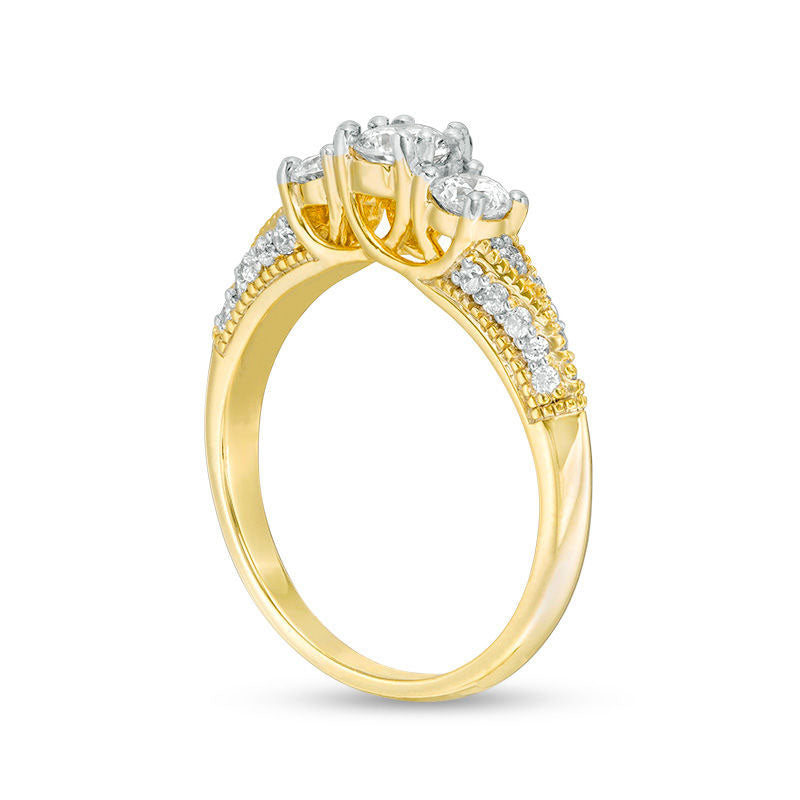 0.75 CT. T.W. Natural Diamond Three Stone V-Sides Antique Vintage-Style Engagement Ring in Solid 10K Yellow Gold