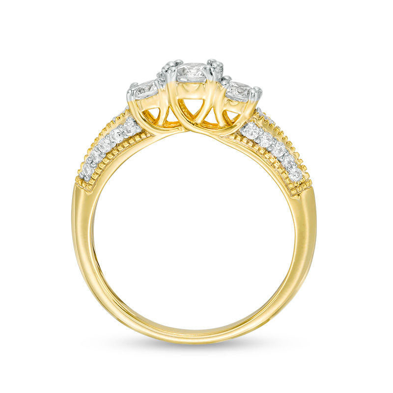 0.75 CT. T.W. Natural Diamond Three Stone V-Sides Antique Vintage-Style Engagement Ring in Solid 10K Yellow Gold