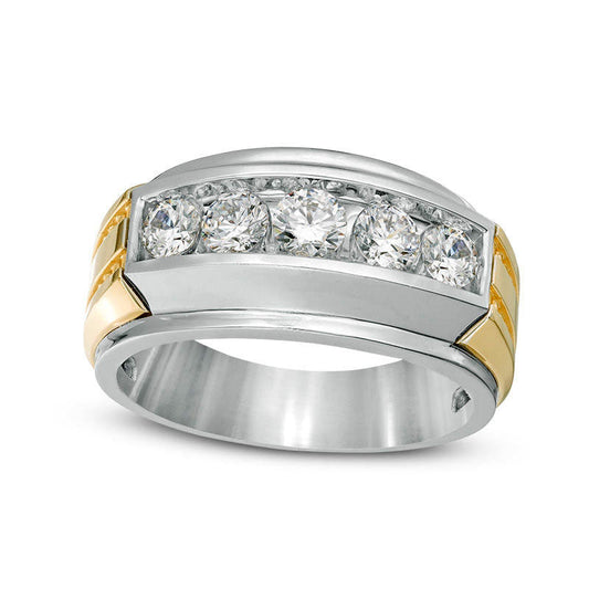 Men's 1.0 CT. T.W. Natural Diamond Five Stone Ridged Wedding Band in Solid 14K Two-Tone Gold
