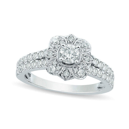 1.0 CT. T.W. Natural Diamond Flower Antique Vintage-Style Engagement Ring in Solid 14K White Gold