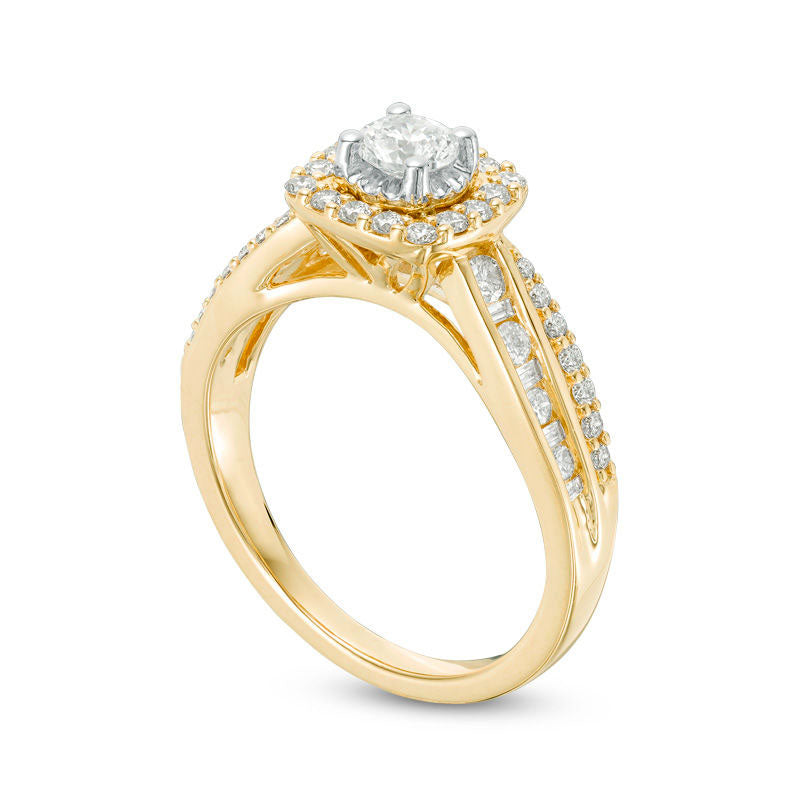 0.88 CT. T.W. Natural Diamond Cushion Frame Engagement Ring in Solid 14K Gold