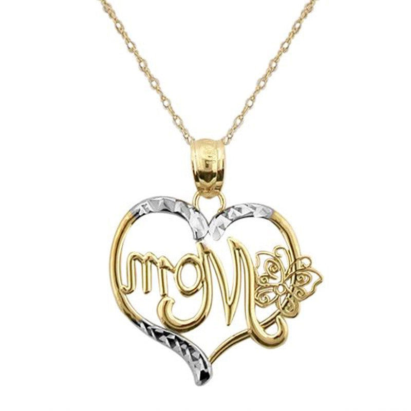 Natural Diamond-Cut MOM" with Butterfly Heart Pendant in 10K Two-Tone Gold"