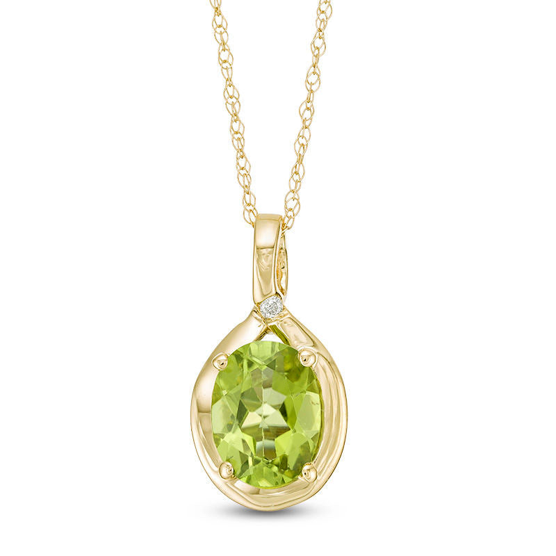 Oval Peridot and Natural Diamond Accent Pendant in 10K Yellow Gold