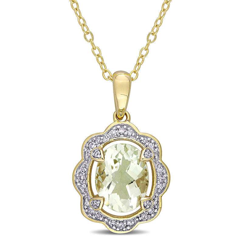 Oval Green Quartz and 0.1 CT. T.W. Natural Diamond Scallop Frame Pendant in Sterling Silver with Yellow Rhodium