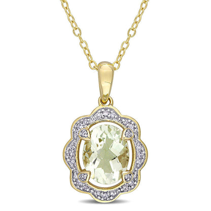 Oval Green Quartz and 0.1 CT. T.W. Natural Diamond Scallop Frame Pendant in Sterling Silver with Yellow Rhodium