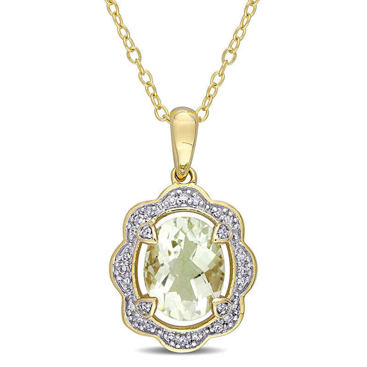 Oval Green Quartz and 0.1 CT. T.W. Natural Diamond Scallop Frame Pendant in Sterling Silver with Yellow Rhodium