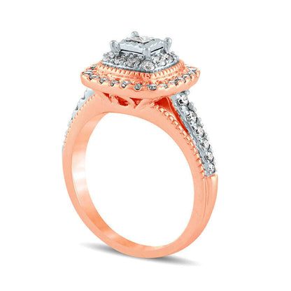 0.75 CT. T.W. Princess-Cut Natural Diamond Double Frame Antique Vintage-Style Engagement Ring in Solid 14K Rose Gold