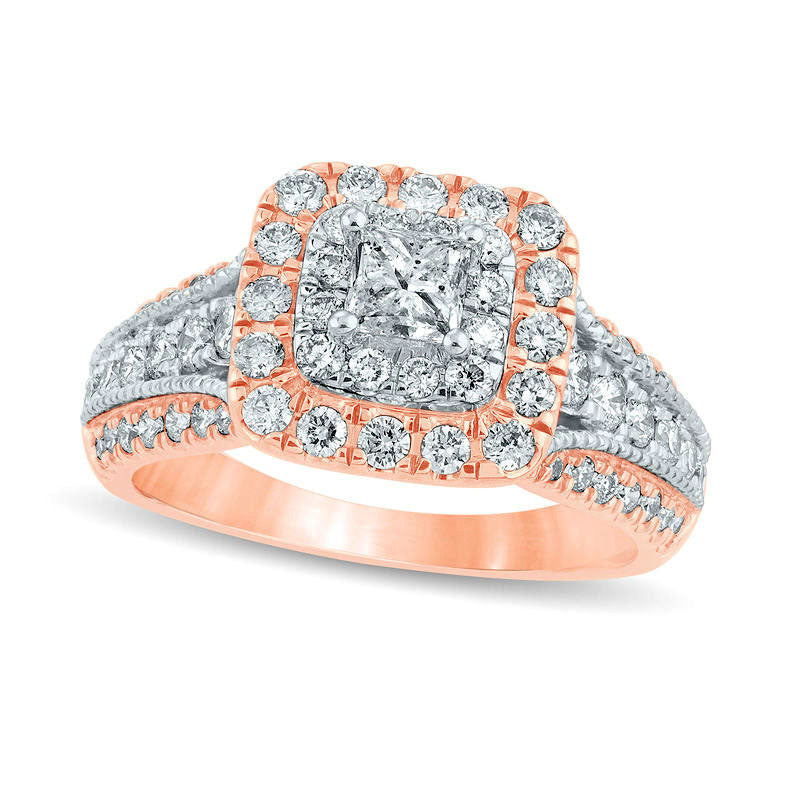 1.5 CT. T.W. Princess-Cut Natural Diamond Double Frame Antique Vintage-Style Engagement Ring in Solid 14K Rose Gold