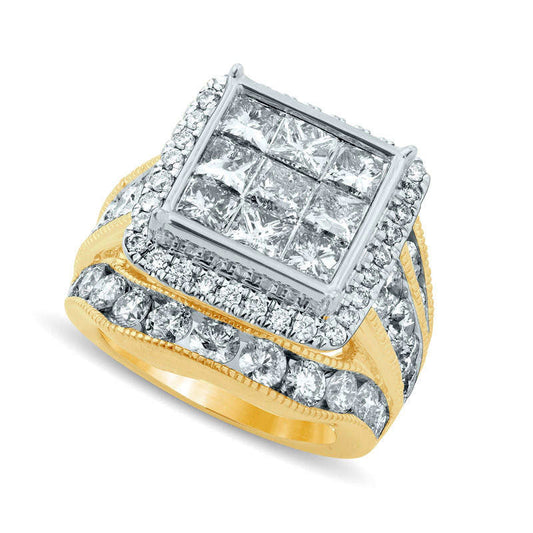 7 CT. T.W. Princess-Cut Composite Natural Diamond Frame Triple Row Antique Vintage-Style Engagement Ring in Solid 14K Gold
