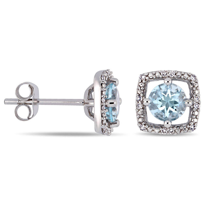 5.0mm Aquamarine and 0.07 CT. T.W. Diamond Cushion Frame Stud Earrings in 10K White Gold