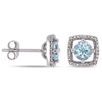 5.0mm Aquamarine and 0.07 CT. T.W. Diamond Cushion Frame Stud Earrings in 10K White Gold