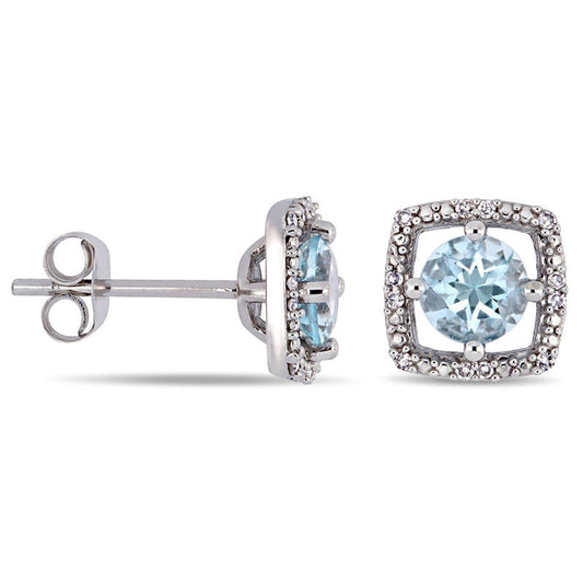 5.0mm Aquamarine and 0.07 CT. T.W. Diamond Cushion Frame Stud Earrings in 10K White Gold