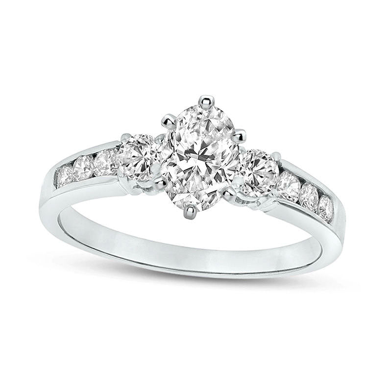 1.0 CT. T.W. Oval Natural Diamond Three Stone Engagement Ring in Solid 14K White Gold (J/SI2)