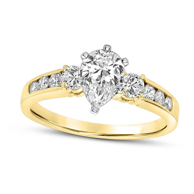 1.0 CT. T.W. Pear-Shaped Natural Diamond Three Stone Engagement Ring in Solid 14K Gold (J/SI2)