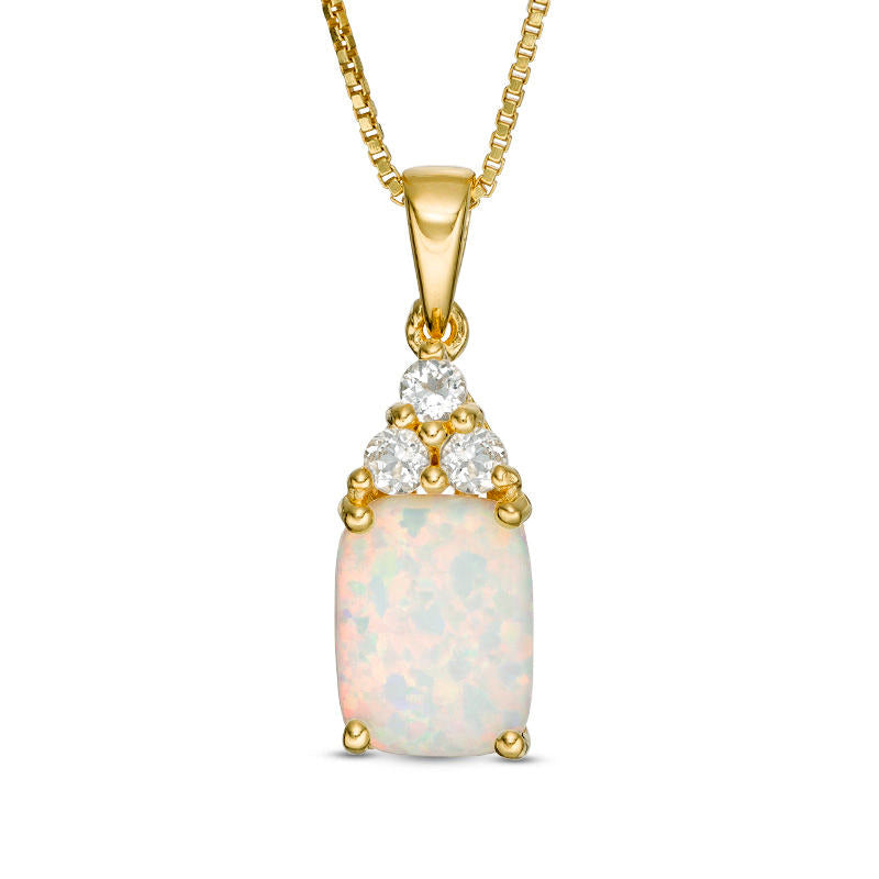 Elongated Cushion-Cut Lab-Created Opal and White Topaz Tri-Top Pendant in Sterling Silver with 18K Gold Plate