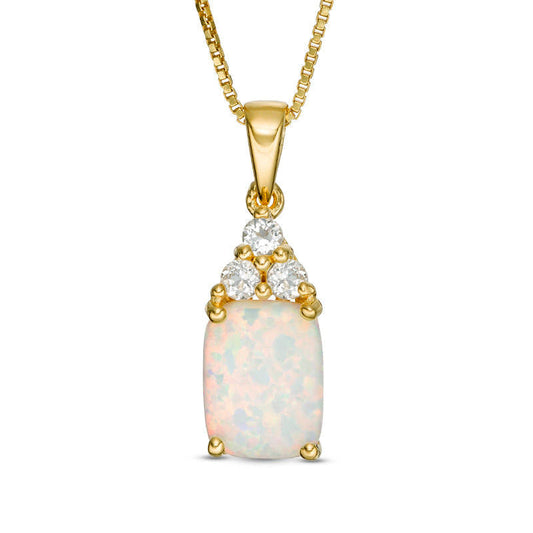 Elongated Cushion-Cut Lab-Created Opal and White Topaz Tri-Top Pendant in Sterling Silver with 18K Gold Plate