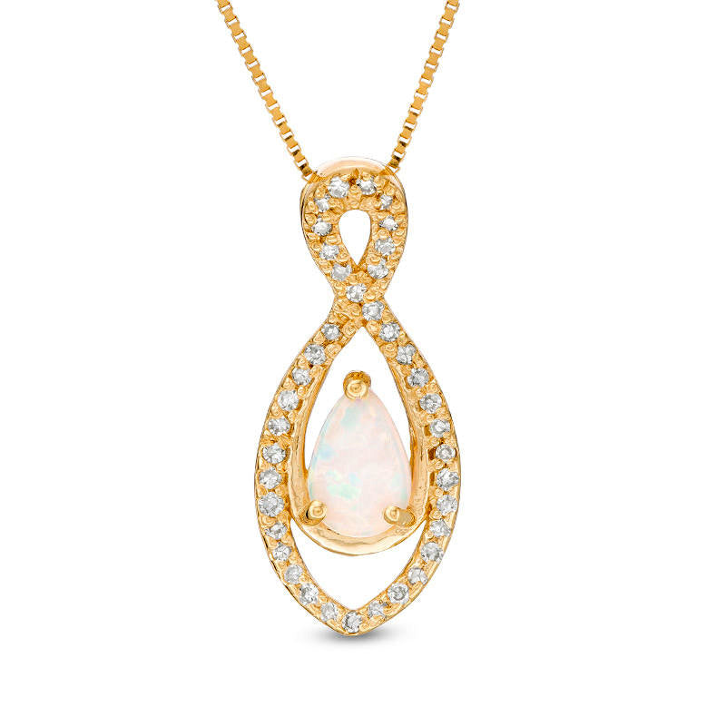 Pear-Shaped Lab-Created Opal and 0.13 CT. T.W. Diamond Infinity Pendant in 10K Yellow Gold