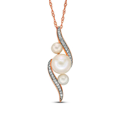 Cultured Freshwater Pearl and 0.13 CT. T.W. Natural Diamond Three Stone Bypass Pendant in 10K Rose Gold - 17"