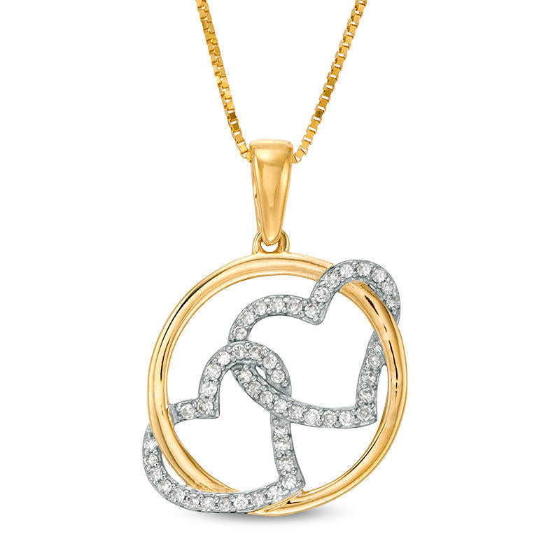 0.1 CT. T.W. Natural Diamond Interlocking Circle and Double Heart Pendant in 10K Yellow Gold