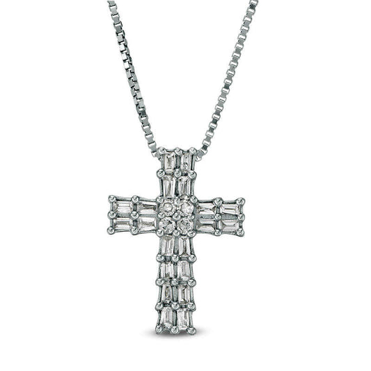 0.1 CT. T.W. Baguette and Round Natural Diamond Double Row Cross Pendant in 10K White Gold