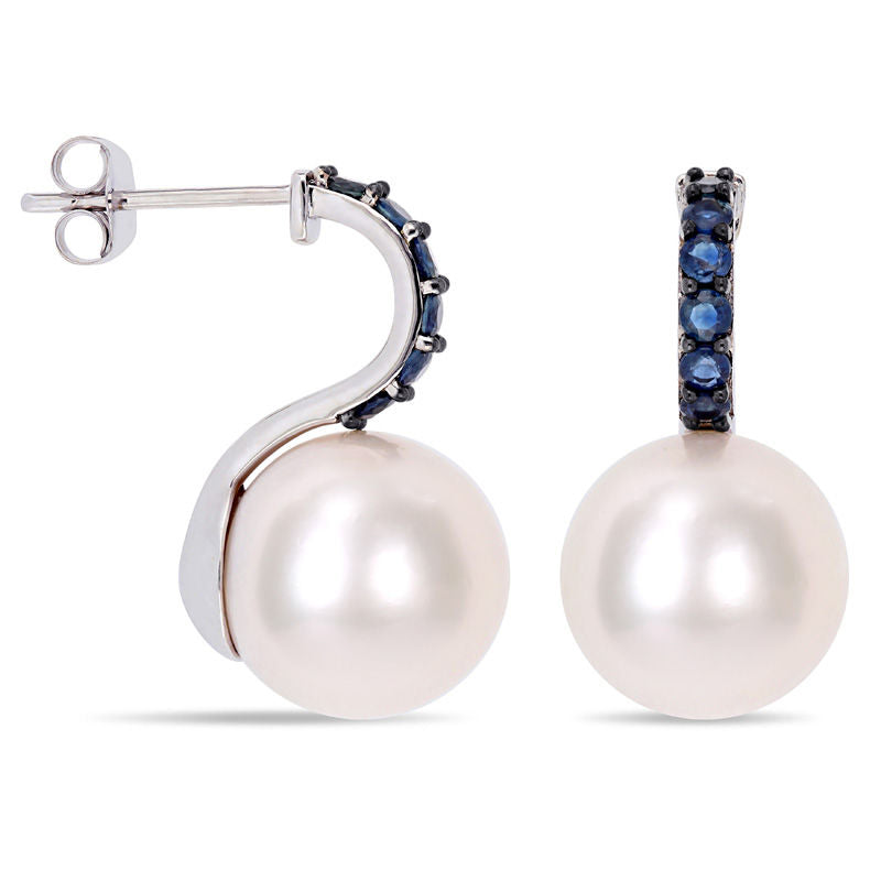 11.0 - 12.0mm Cultured Freshwater Pearl and Blue Sapphire Curve Drop Earrings in 10K White Gold