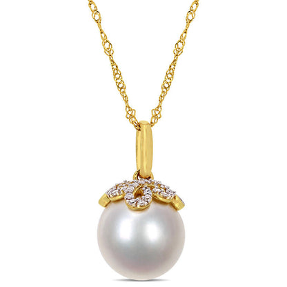 10.0 - 11.0mm Cultured South Sea Pearl and 0.07 CT. T.W. Natural Diamond Leaf Top Pendant in 14K Gold - 17"