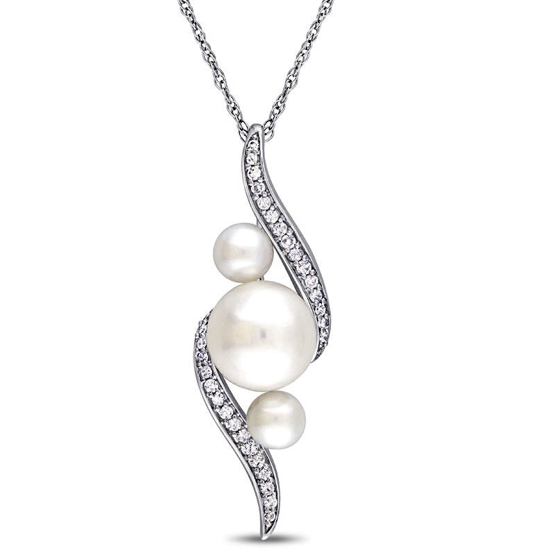 Cultured Freshwater Pearl and 0.13 CT. T.W. Natural Diamond Linear Three Stone Bypass Pendant in 10K White Gold - 17"