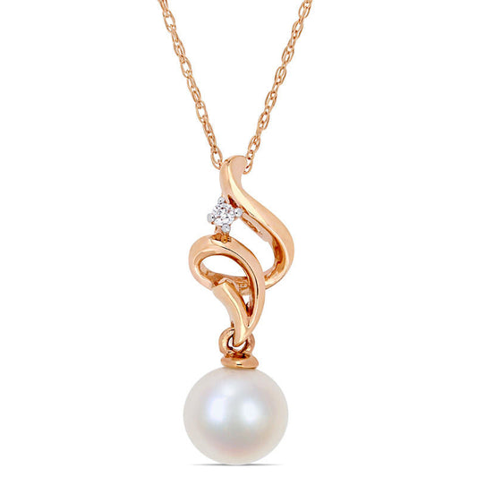 7.0 - 7.5mm Cultured Freshwater Pearl and Natural Diamond Accent Ribbon Pendant in 10K Rose Gold - 17"