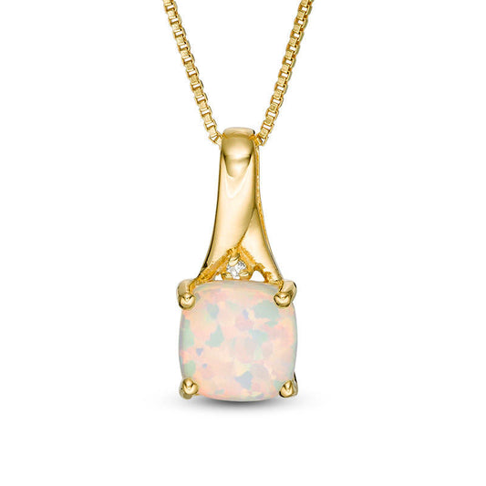7.0mm Cushion-Cut Lab-Created Opal and Diamond Accent Ribbon Pendant in Sterling Silver with 18K Gold Plate