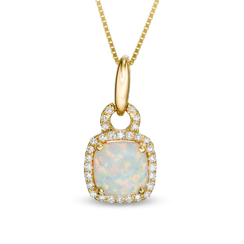 6.0mm Cushion-Cut Lab-Created Opal and 0.1 CT. T.W. Diamond Frame Doorknocker Pendant in 10K Yellow Gold