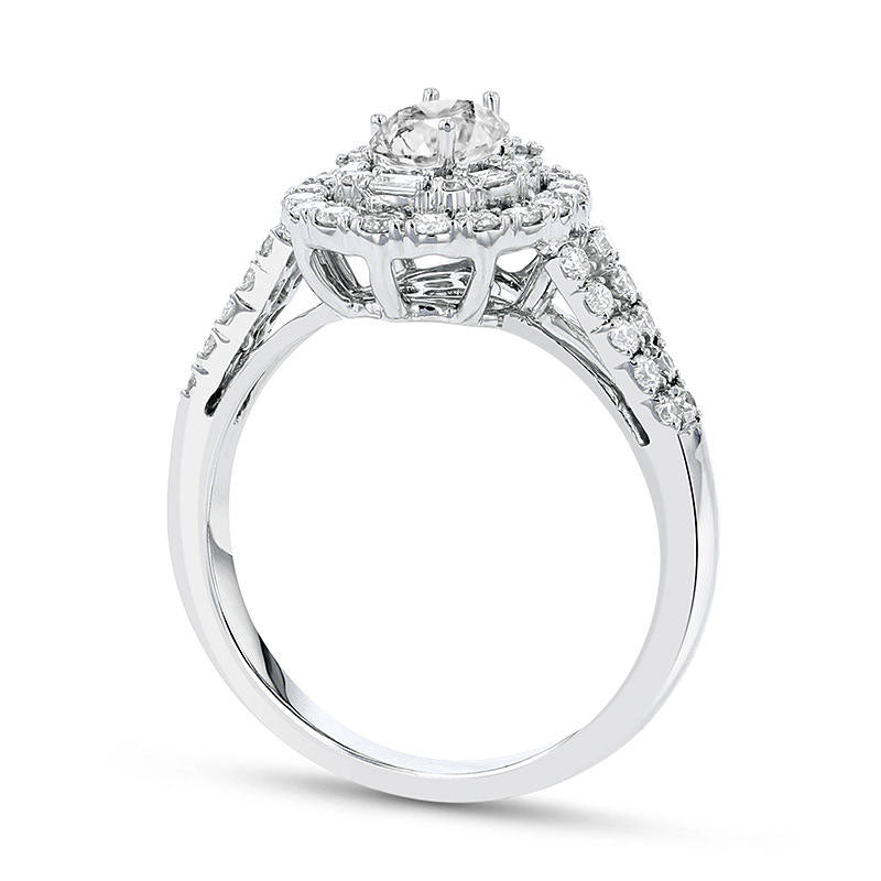 1.0 CT. T.W. Oval Natural Diamond Double Frame Engagement Ring in Solid 18K White Gold (H/SI2)