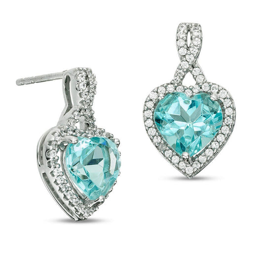 7.0mm Heart-Shaped Simulated Aquamarine and 0.23 CT. T.W. Diamond Frame Twist Drop Earrings in 10K White Gold