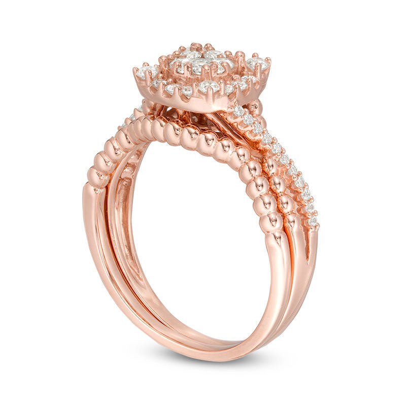 0.50 CT. T.W. Composite Natural Diamond Cushion Frame and Beaded Crossover Bridal Engagement Ring Set in Solid 10K Rose Gold