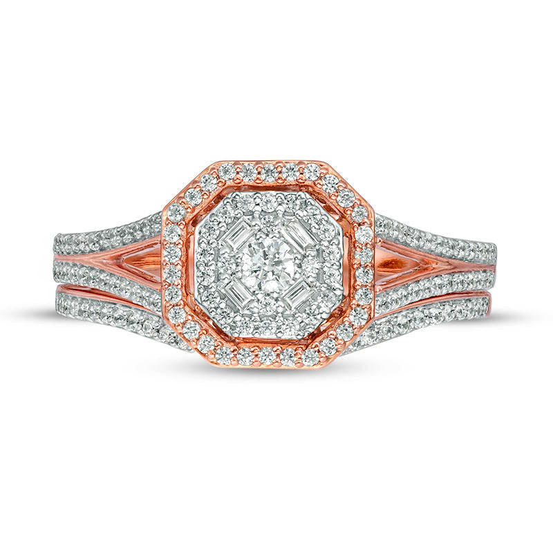 0.38 CT. T.W. Natural Diamond Double Octagonal Frame Bridal Engagement Ring Set in Solid 10K Rose Gold