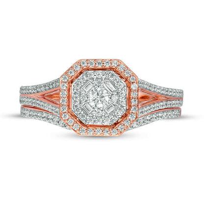 0.38 CT. T.W. Natural Diamond Double Octagonal Frame Bridal Engagement Ring Set in Solid 10K Rose Gold