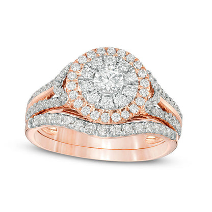 1.0 CT. T.W. Natural Diamond Double Frame Collar Bridal Engagement Ring Set in Solid 10K Rose Gold