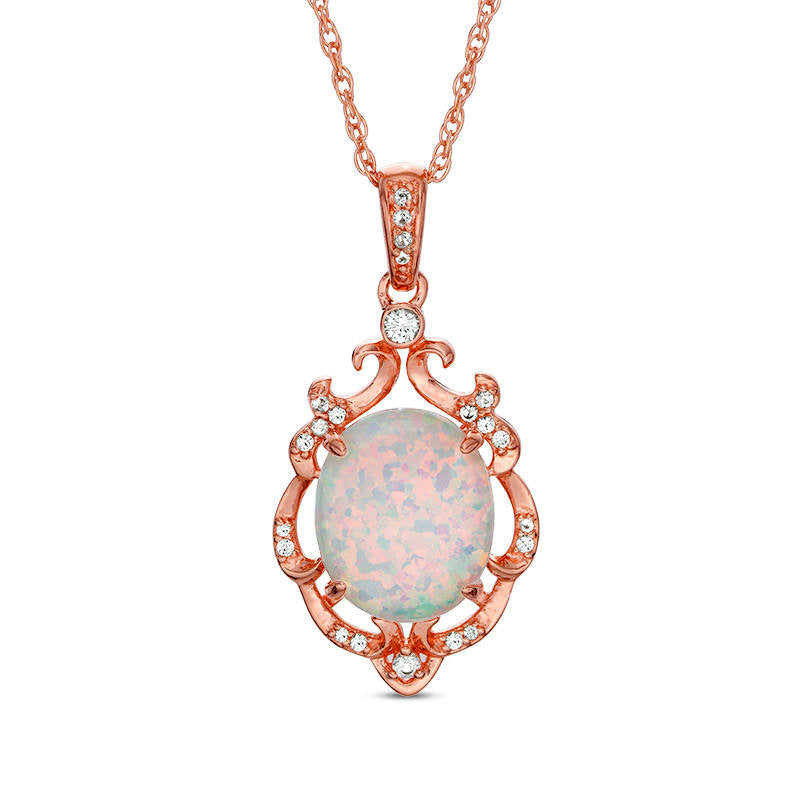 Oval Lab-Created Opal and White Sapphire Ornate Scroll Frame Drop Pendant in Sterling Silver with 14K Rose Gold Plate