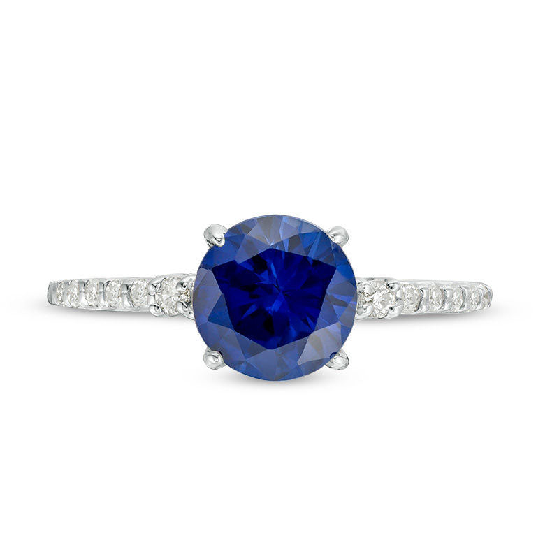 7.0mm Lab-Created Blue Sapphire and 0.13 CT. T.W. Diamond Engagement Ring in Solid 10K White Gold