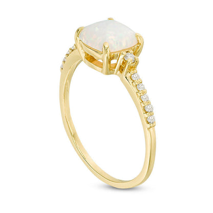 7.0mm Cushion-Cut Lab-Created Opal and 0.13 CT. T.W. Diamond Engagement Ring in Solid 10K Yellow Gold