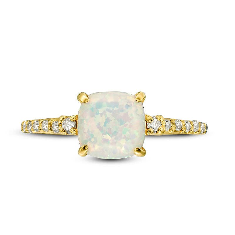 7.0mm Cushion-Cut Lab-Created Opal and 0.13 CT. T.W. Diamond Engagement Ring in Solid 10K Yellow Gold