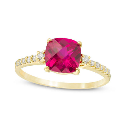 7.0mm Cushion-Cut Lab-Created Ruby and 0.13 CT. T.W. Diamond Engagement Ring in Solid 10K Yellow Gold