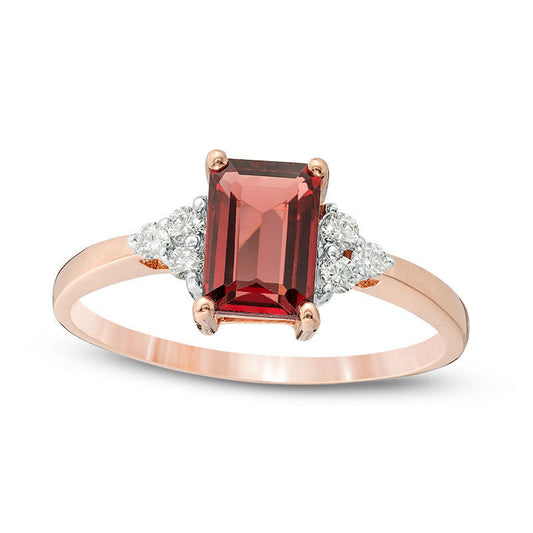 Emerald-Cut Garnet and 0.13 CT. T.W. Natural Diamond Tri-Sides Engagement Ring in Solid 10K Rose Gold