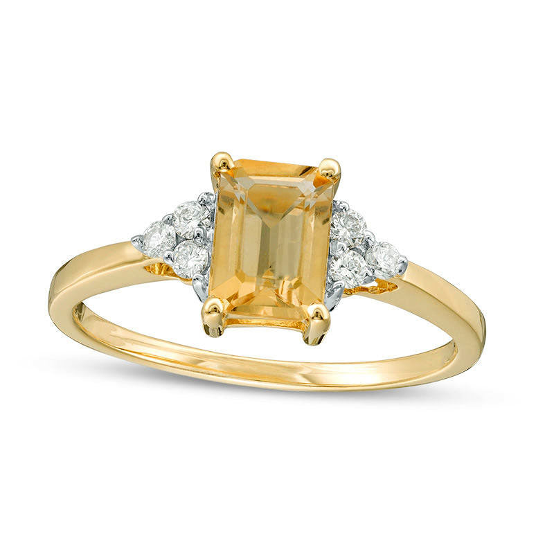 Emerald-Cut Citrine and 0.13 CT. T.W. Natural Diamond Tri-Sides Engagement Ring in Solid 10K Rose Gold
