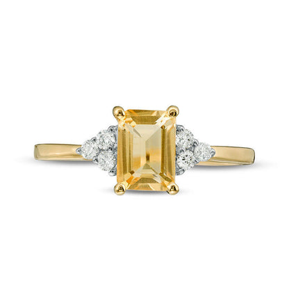 Emerald-Cut Citrine and 0.13 CT. T.W. Natural Diamond Tri-Sides Engagement Ring in Solid 10K Rose Gold