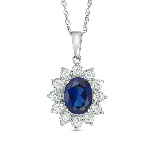 Oval Lab-Created Blue Sapphire and 0.25 CT. T.W. Diamond Starburst Frame Pendant in 10K White Gold