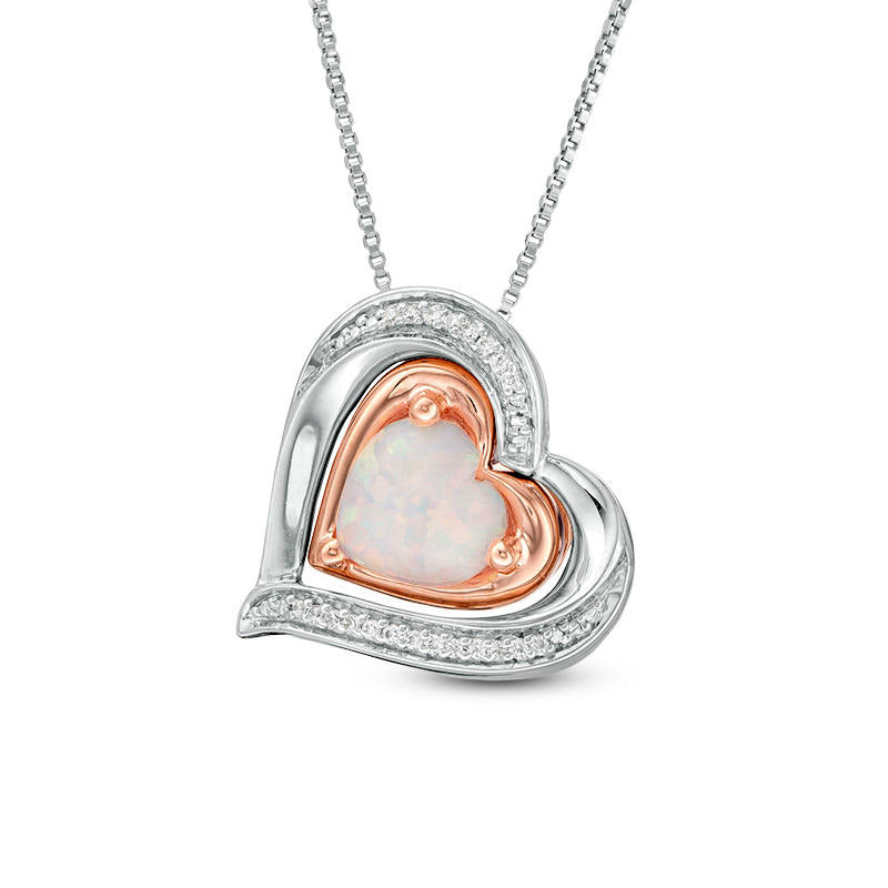 Lab-Created Opal and 0.05 CT. T.W. Diamond Double Heart Frame Three-in-One Pendant in Sterling Silver and 10K Rose Gold