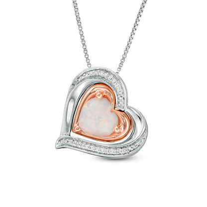 Lab-Created Opal and 0.05 CT. T.W. Diamond Double Heart Frame Three-in-One Pendant in Sterling Silver and 10K Rose Gold